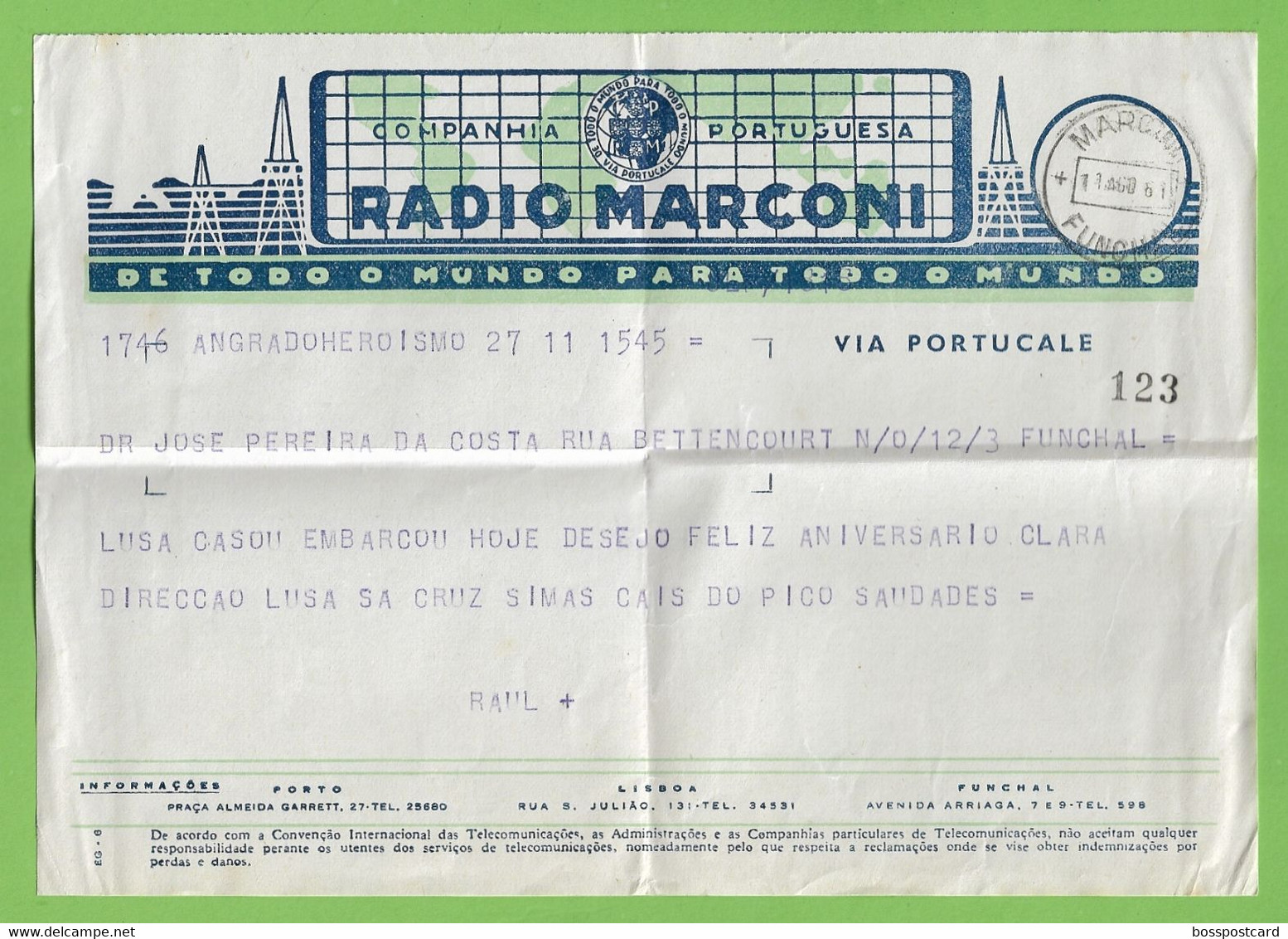 História Postal - Filatelia - Rádio Marconi - Telegrama - Telegram - Philately  - Portugal - Cartas & Documentos