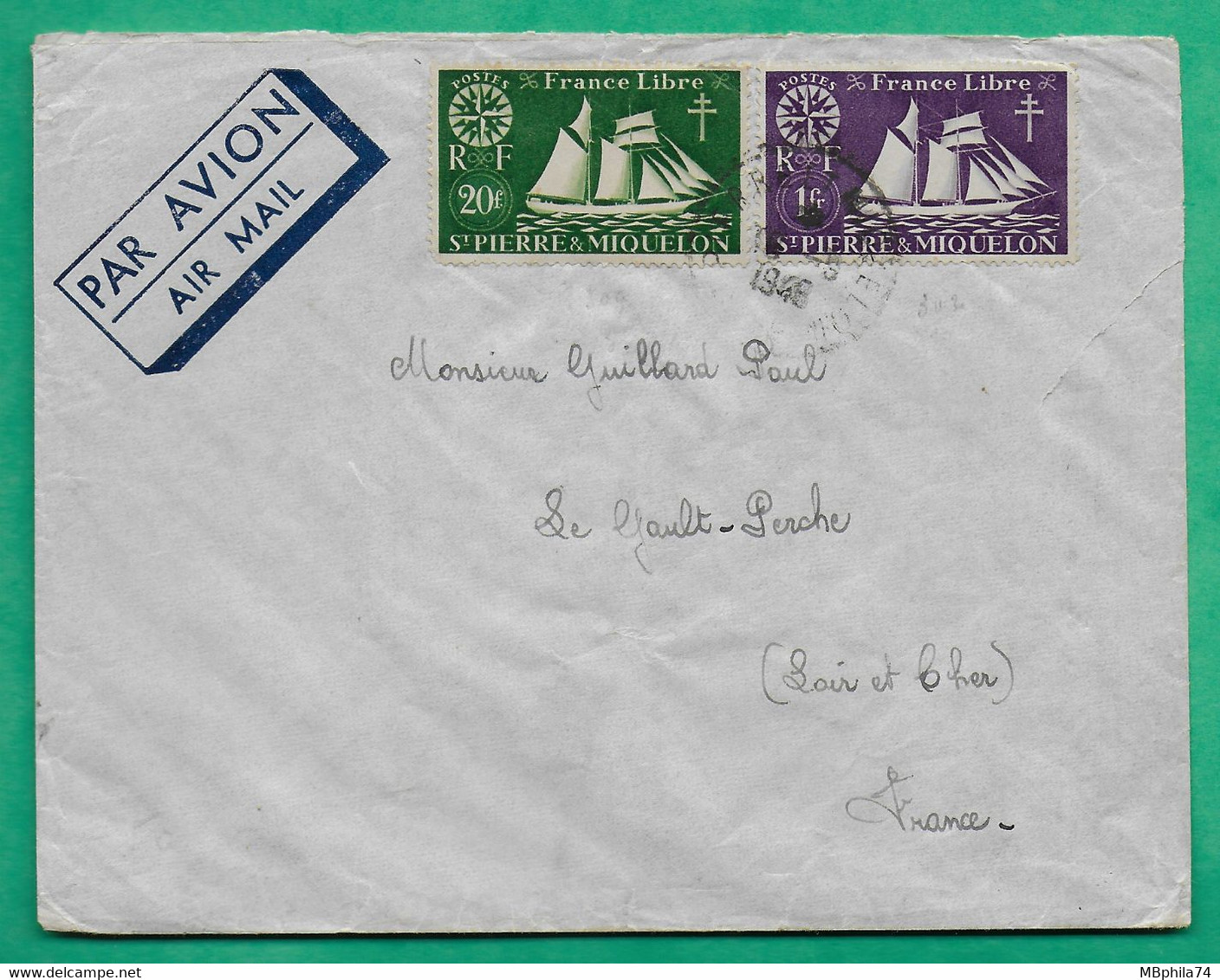 YT N°302 + 309 ST PIERRE ET MIQUELON LETTRE PAR AVION POUR LE GAULT PERCHE LOIR ET CHER 1948 COVER FRANCE - Cartas & Documentos