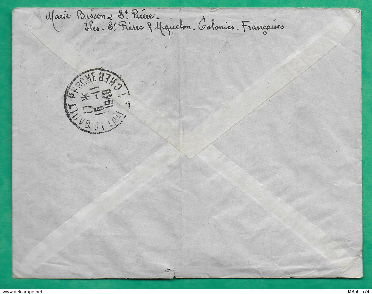 YT N°304 + 308 ST PIERRE ET MIQUELON LETTRE PAR AVION POUR LE GAULT PERCHE LOIR ET CHER REEXPEDIE CHERBOURG MANCHE 1948 - Lettres & Documents