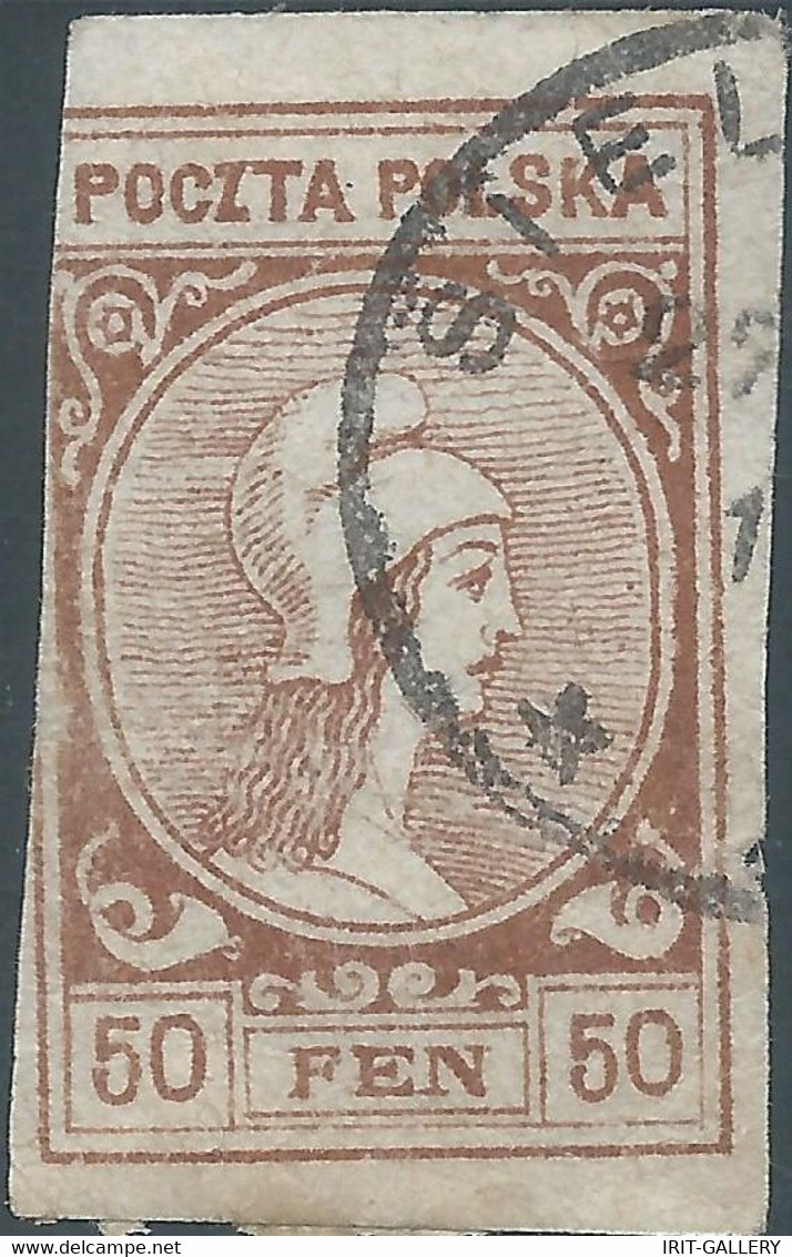 POLONIA-POLAND-POLSKA,1919 Head Of A Woman With A Phrygian Cap, Fantasy Edition,50 FEN,Imperforate,Obliterated,Rare - Usati