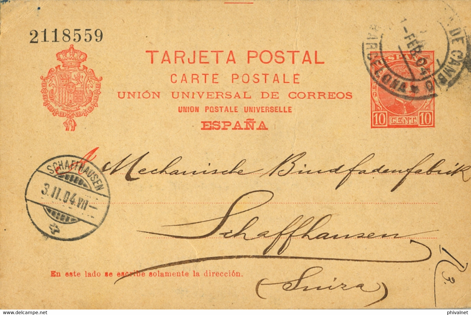 1904 , BARCELONA  , ENTERO POSTAL ED. 42 CIRCULADO A SCHAFFHAUSEN , LLEGADA - 1850-1931