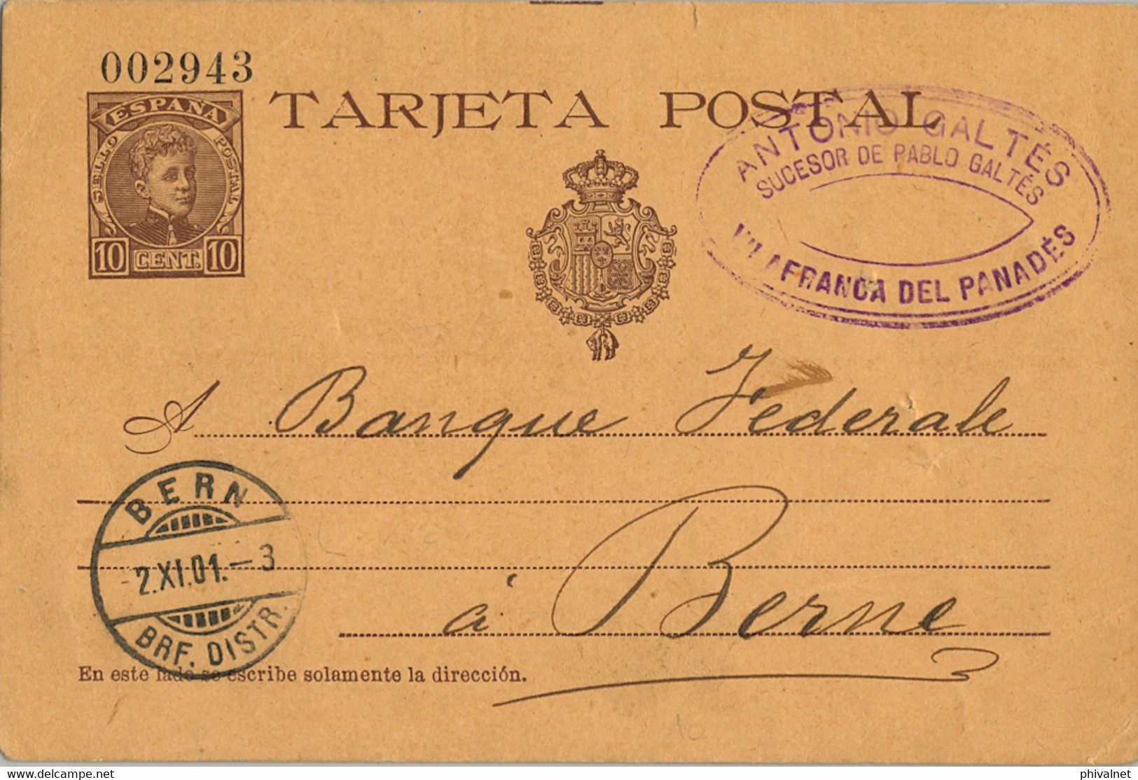 1901 ,BARCELONA , ENTERO POSTAL ED. 37 CIRCULADO A BERNA , VILLAFRANCA DEL PENEDÉS , LLEGADA - 1850-1931