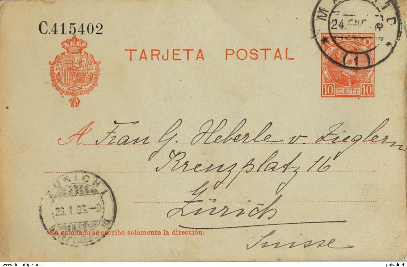 1906 , MADRID  , ENTERO POSTAL ED. 45 CIRCULADO A ZÜRICH , LLEGADA - 1850-1931