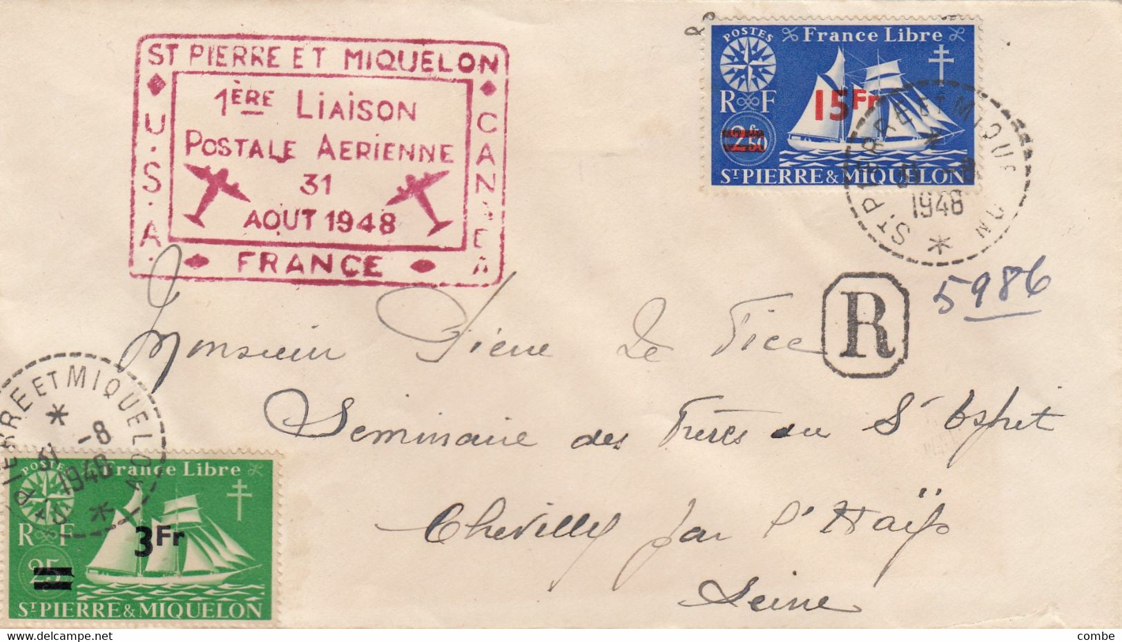 LETTRE. ST PIERRE ET MIQUELON. 31 AOUT 1948. 1° LIAISON POSTALE AERIENNE. ST PIERRE. CANADA. FRANCE. USA - Cartas & Documentos