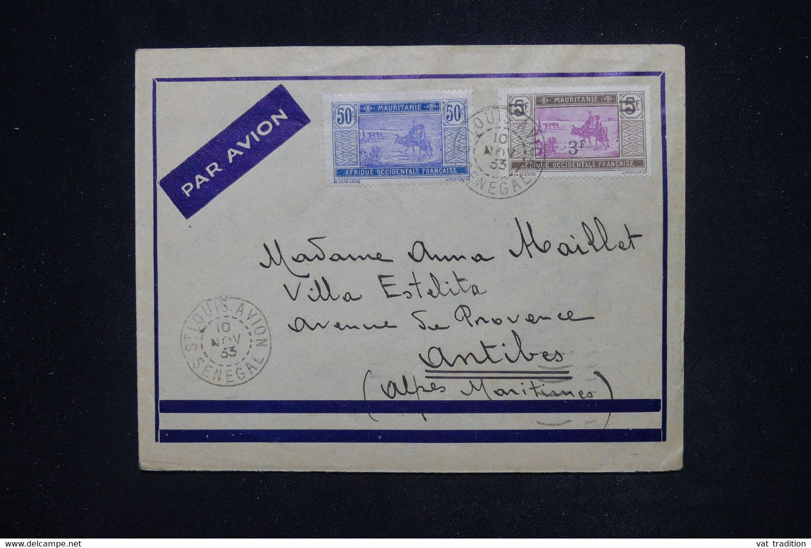 MAURITANIE - Enveloppe De St Louis Par Avion Pour Antibes En 1933 - L 120186 - Lettres & Documents