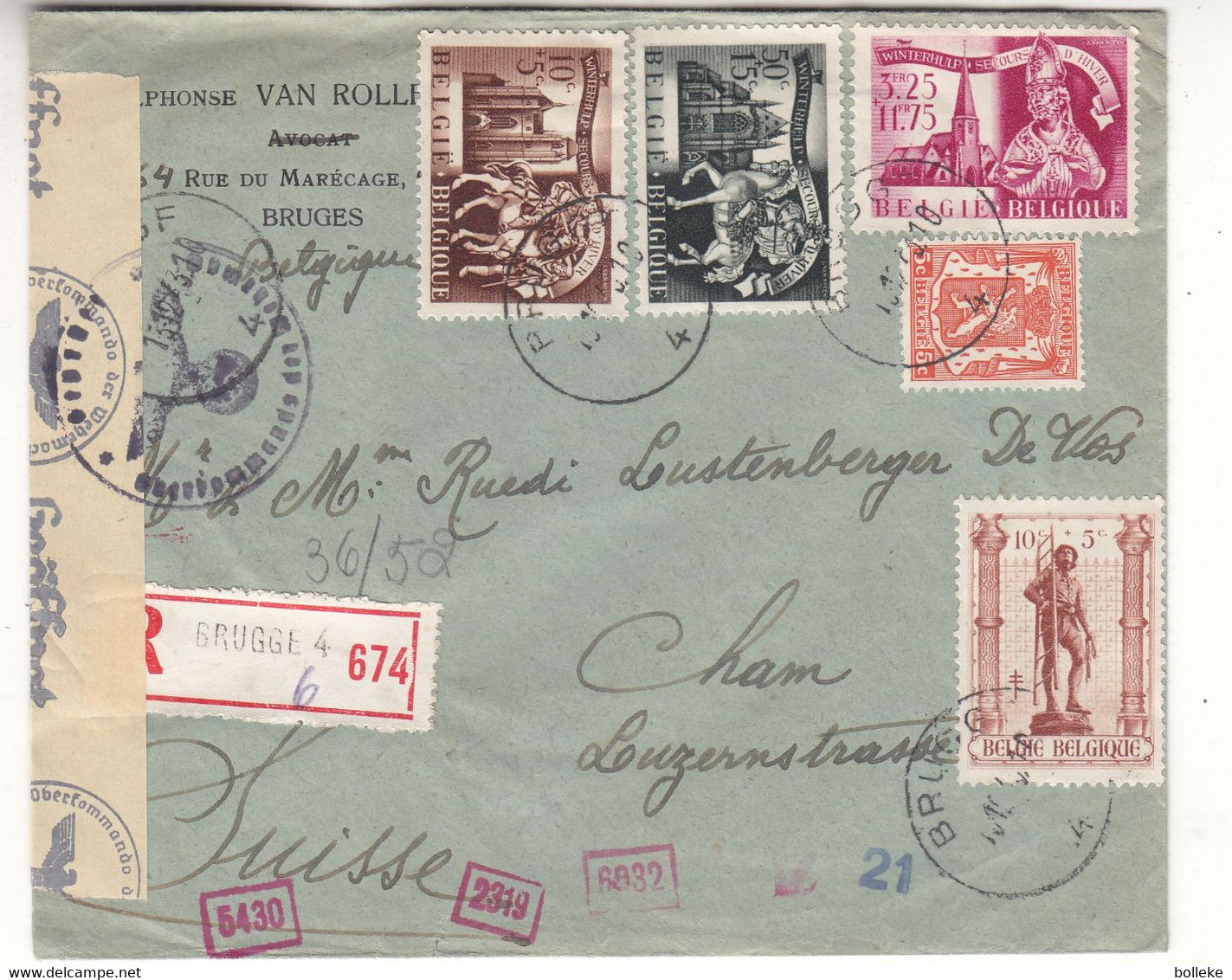 Belgique - Lettre Recom De 1943 ° - Oblit Brugge - Exp Vers Cham - Avec Censure - Lettres & Documents