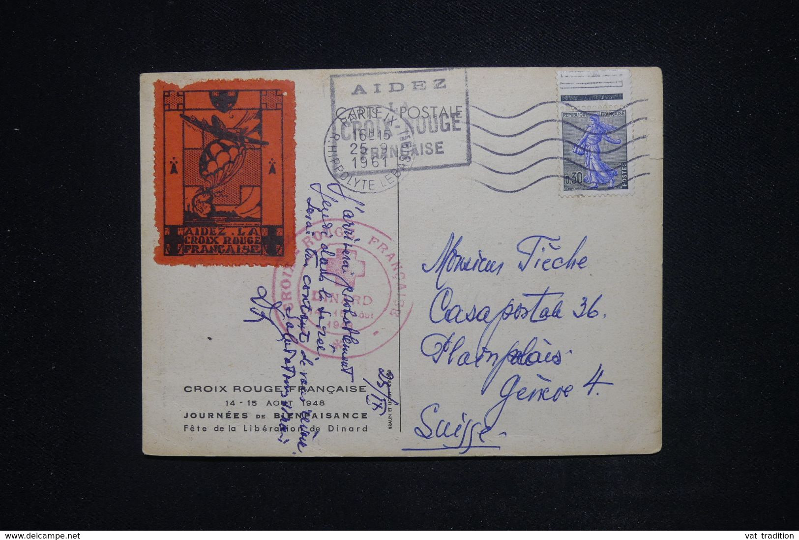 FRANCE - Carte Postale + Vignette Et Cachets Croix Rouge, De Paris  Pour La Suisse En 1961 -  L 120201 - Croix Rouge