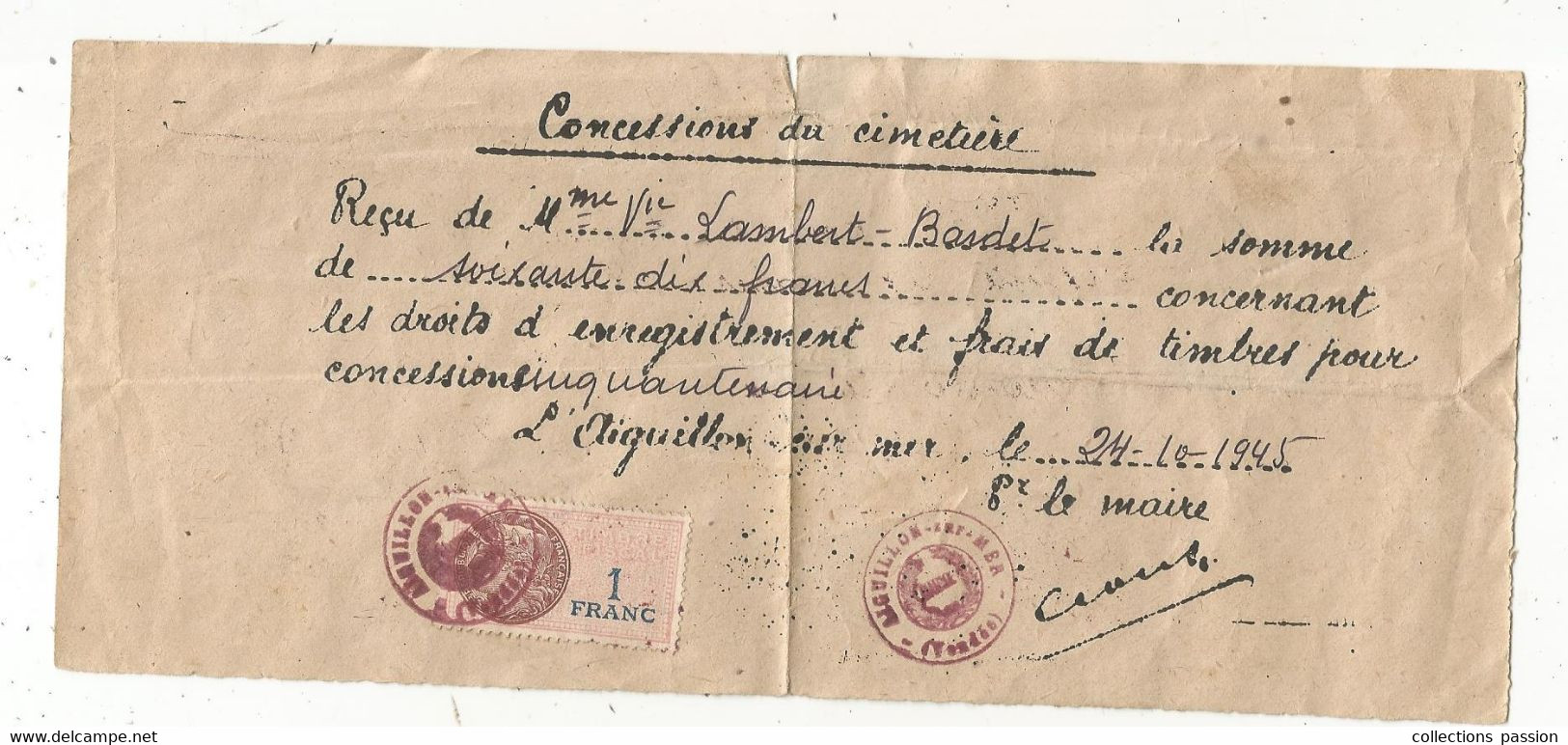 Concessions De Cimetière , Cinquantenaire ,1945 , 85 , L'AIGUILLON SUR MER , Timbrée ,Vendée , Frais Fr 1.75 E - Verzamelingen