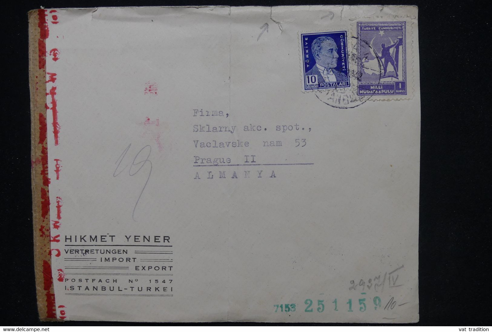 TURQUIE - Enveloppe Commerciale De Istanbul Pour Prague En 1942 Avec Contrôle Postal - L 120253 - Covers & Documents