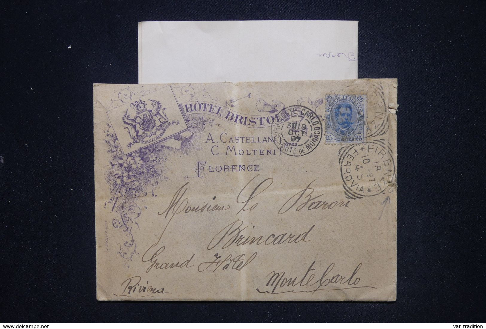 ITALIE - Enveloppe + Contenu De L 'Hôtel Bristol De Firenze Pour Un Baron à Monaco En 1897- L 120258 - Marcofilie