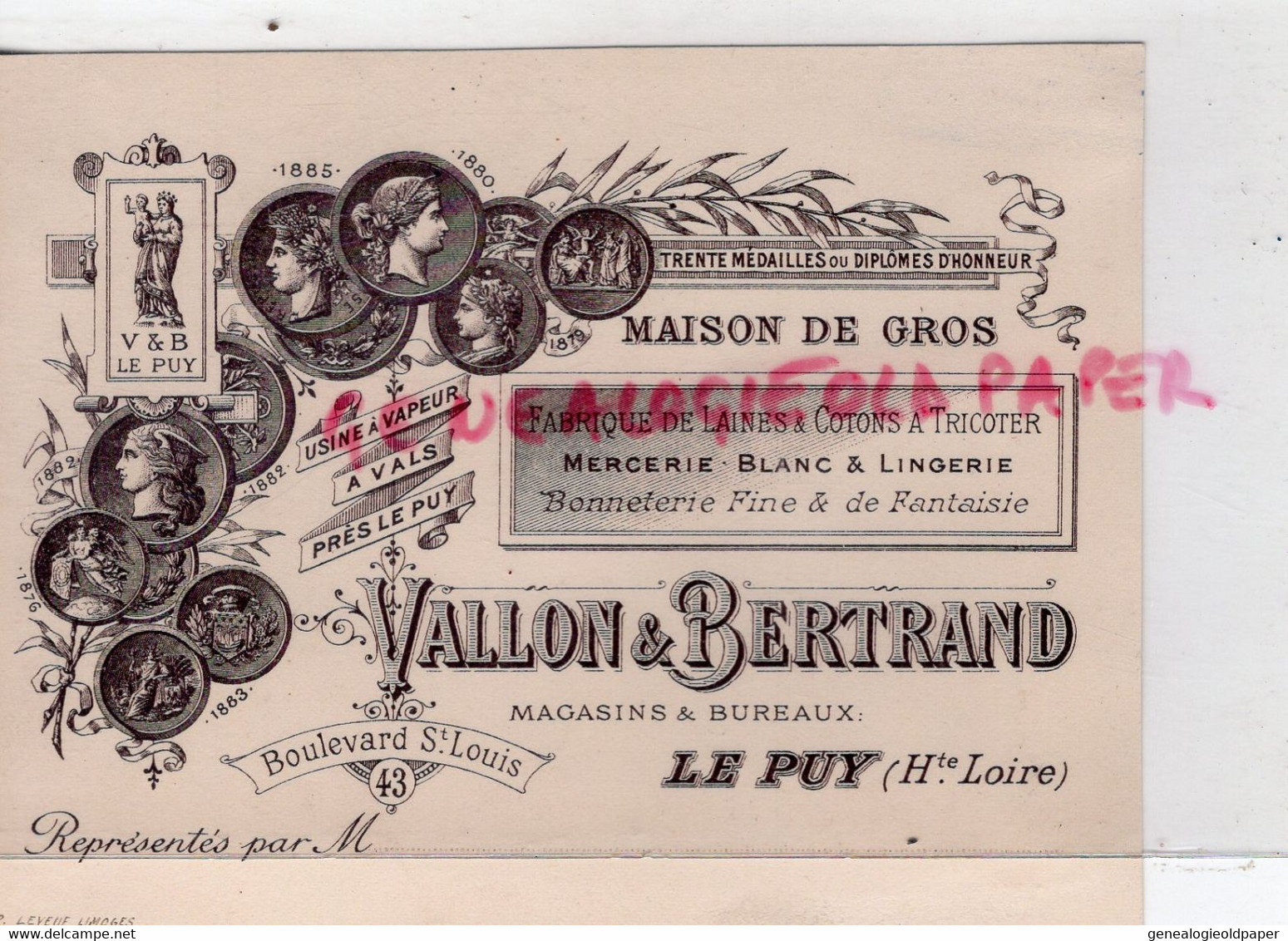 43- LE PUY - RARE CARTE  VALLON & BERTRAND- FABRIQUE LAINES & COTONS A TRICOTER -MERCERIE LINGERIE-BOULEVARD SAINT LOUIS - Textile & Clothing