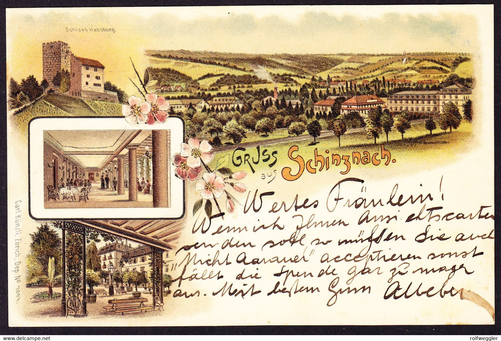 1899 Gelaufene Litho AK: Gruss Aus Schinznach. 4 Bildrig. Rückseitig Minim Fleckig, Rasierklingen Stempel - Schinznach 