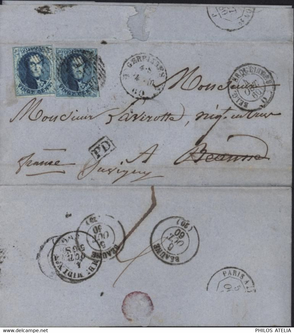 Belgique YT 11 X2 Oblitération Distribution 100 Gerpinnes 4 10 1860 Gougnies Bureau Distribution Pour L'étranger Beaune - 1849-1865 Medallones (Otros)