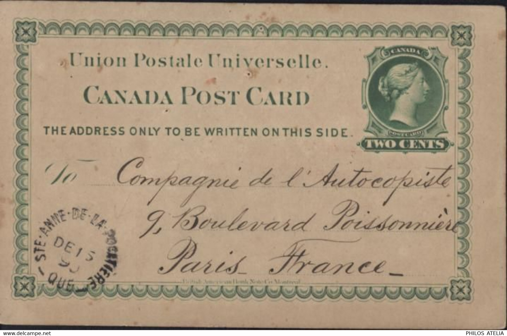 Carte Postal Entier Règne De Victoria 2ct Vert CAD STE ANNE DE LA POCATIERE QUE DE 15 90 Région Quebec Pr Paris - 1860-1899 Regering Van Victoria