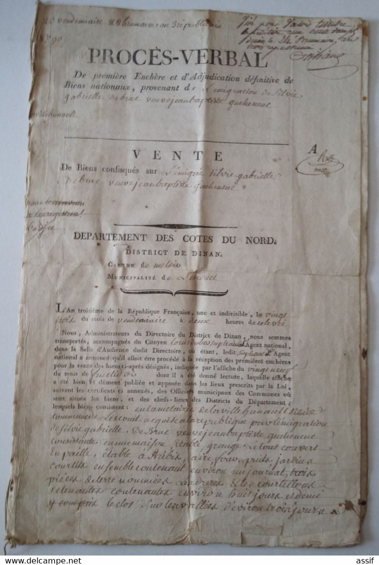 Dinan Lescouêt Jugon Vente Métairie De La Ville Hunault Suite émigration Silvie De Bruc An 3 BIENS NATIONAUX REVOLUTION - Documents Historiques