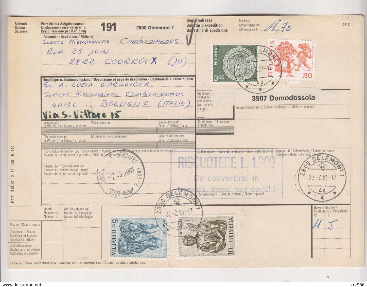 SWITZERLAND 1981 DELEMONT  Parcel Card To Italy - Briefe U. Dokumente