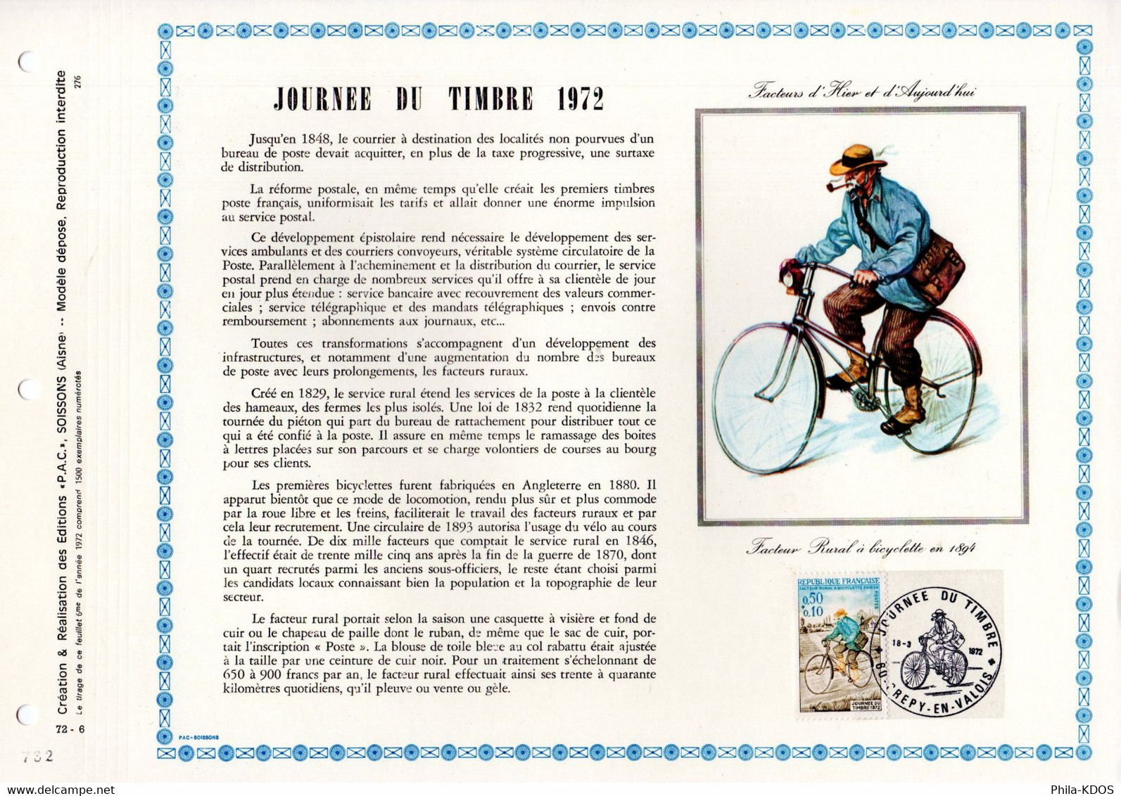 &#9989; RR 1500 Ex." JDT 1972 : FACTEUR RURAL  " Sur Feuillet PAC RARE De 1972 N°YT 1710 Parfait. état. FDC RR - Cyclisme