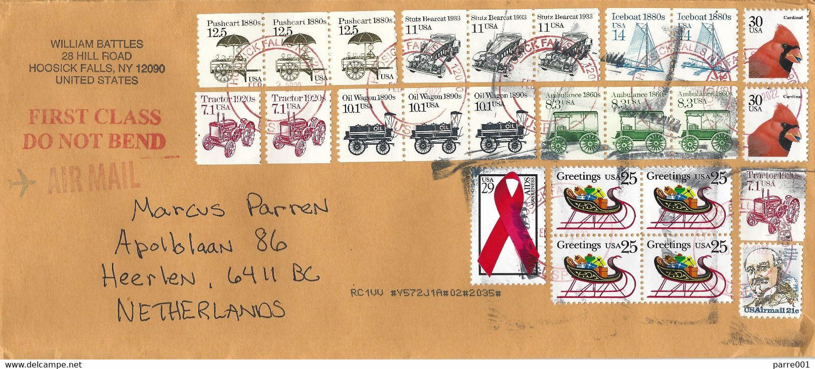 USA 2022 Hoosick Falls Disease AIDS Cardinal Bird Tractor Stutz Bearcat Pushcart Ambulance Sledge Cover - Covers & Documents