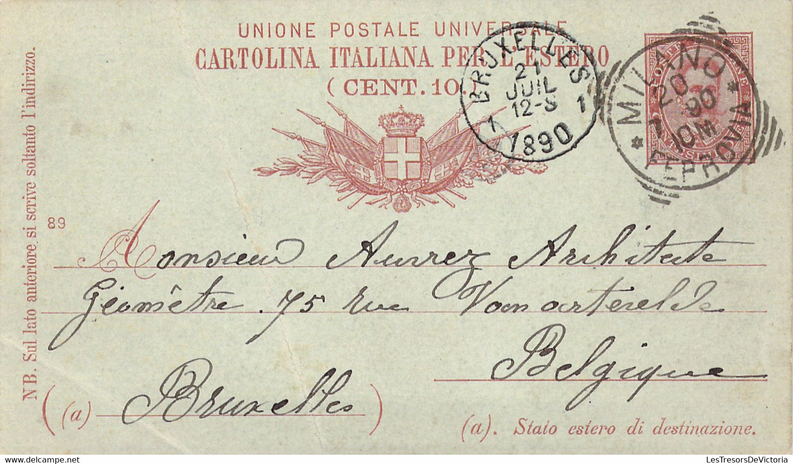 Entier Postal 1890 Italie - De Milano à Bruxelles Juillet 1890 - Entero Postal