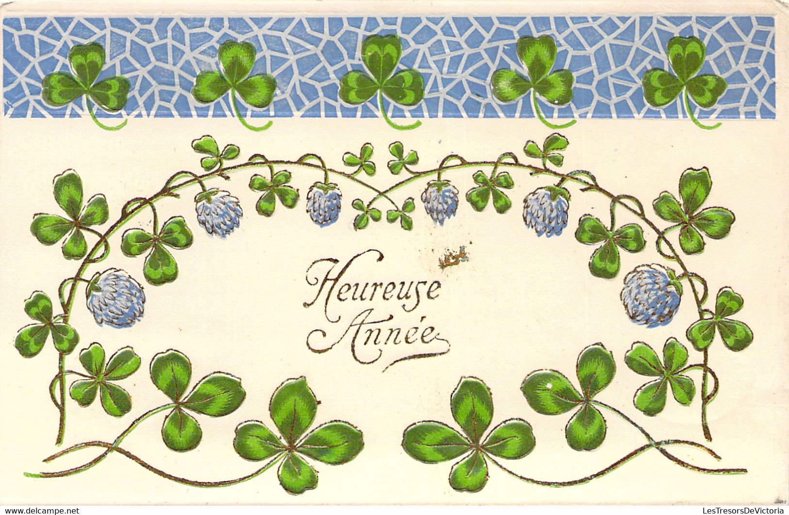 CPA Heureuse Année - Trefles Porte Bonheur - Carte En Relief Vert Et Bleu - 1907 - New Year