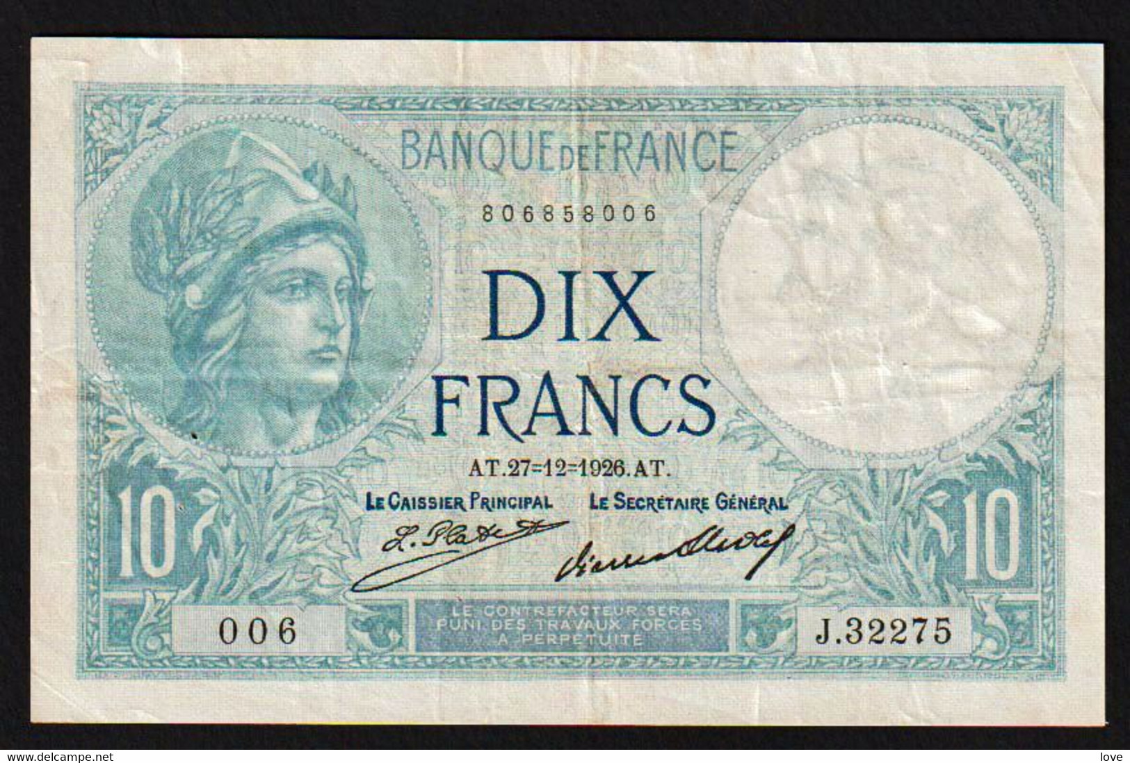 FRANCE: N° F6- 11. 10F Minerve. Date: 27/12/1926 - 10 F 1916-1942 ''Minerve''