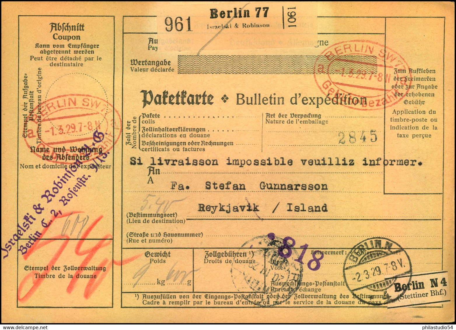 1929, Selbstbucher Paketkarte "BERLIN 77 - Gebühr Bezahlt" Nach Reykjavik - Covers & Documents