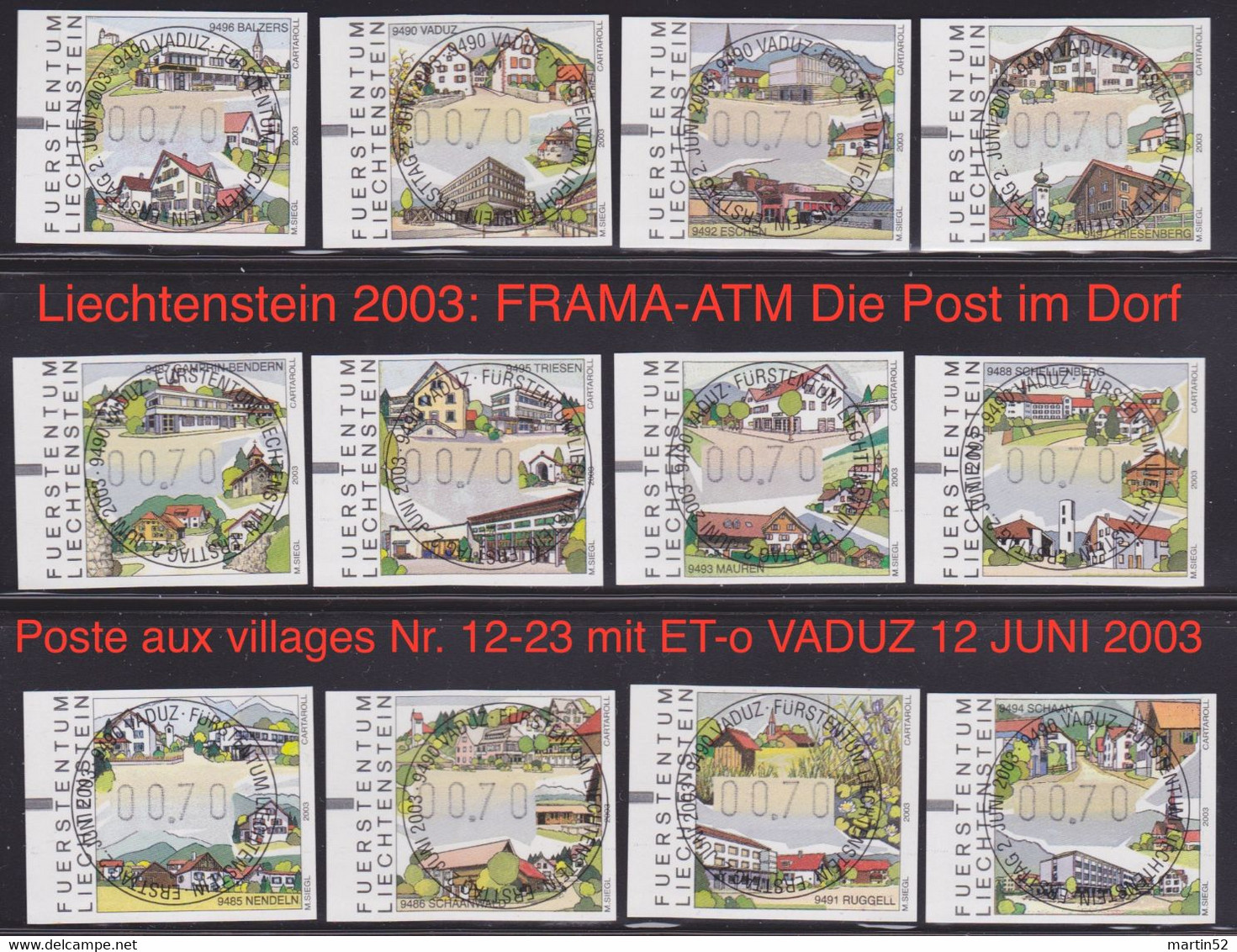 Liechtenstein 2003: FRAMA-ATM Die Post Im Dorf - Poste Aux Villages Nr. 12-23 Mit ET-o VADUZ 12 JUNI 2003 (Zu CHF 12.00) - Maschinenstempel (EMA)