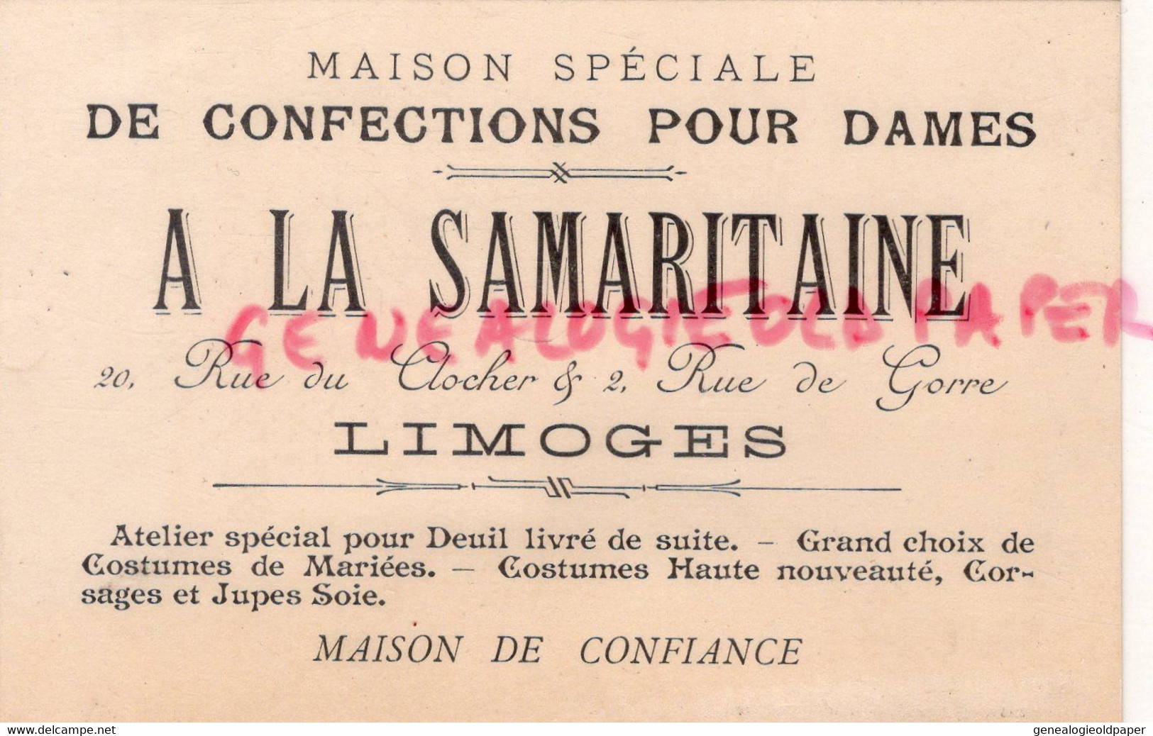87- LIMOGES- RARE CARTE A LA SAMARITAINE -CONFECTIONS POUR DAMES-20 RUE DU CLOCHER -2 RUE DE GORRE-CONFECTION - Textile & Vestimentaire
