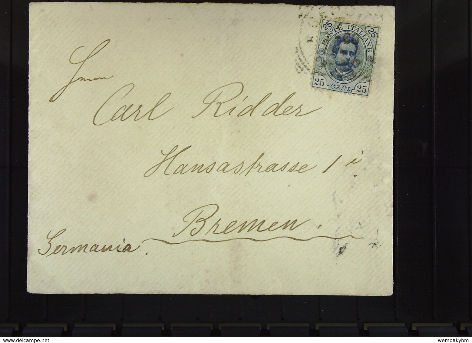 Italien: Brief Mit 25 Centesimi Aus Genua Nach Deutschl.-Bremen. Rs. Viol. Stpl: Lisyd Hotel GERMANIA Deutsche Bierhalle - Postage Due