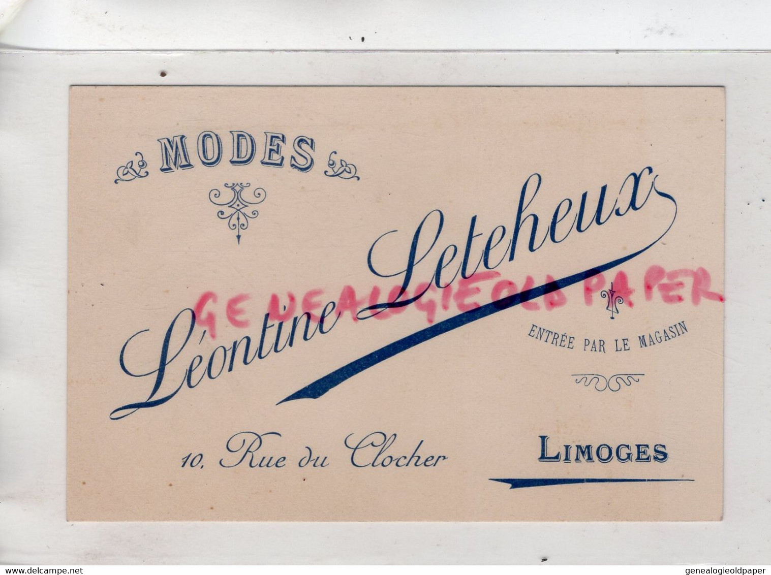 87- LIMOGES- RARE CARTE LEONTINE LETEHEUX- MODES - CONFECTION VETEMENTS- 10 RUE DU CLOCHER - Textile & Clothing