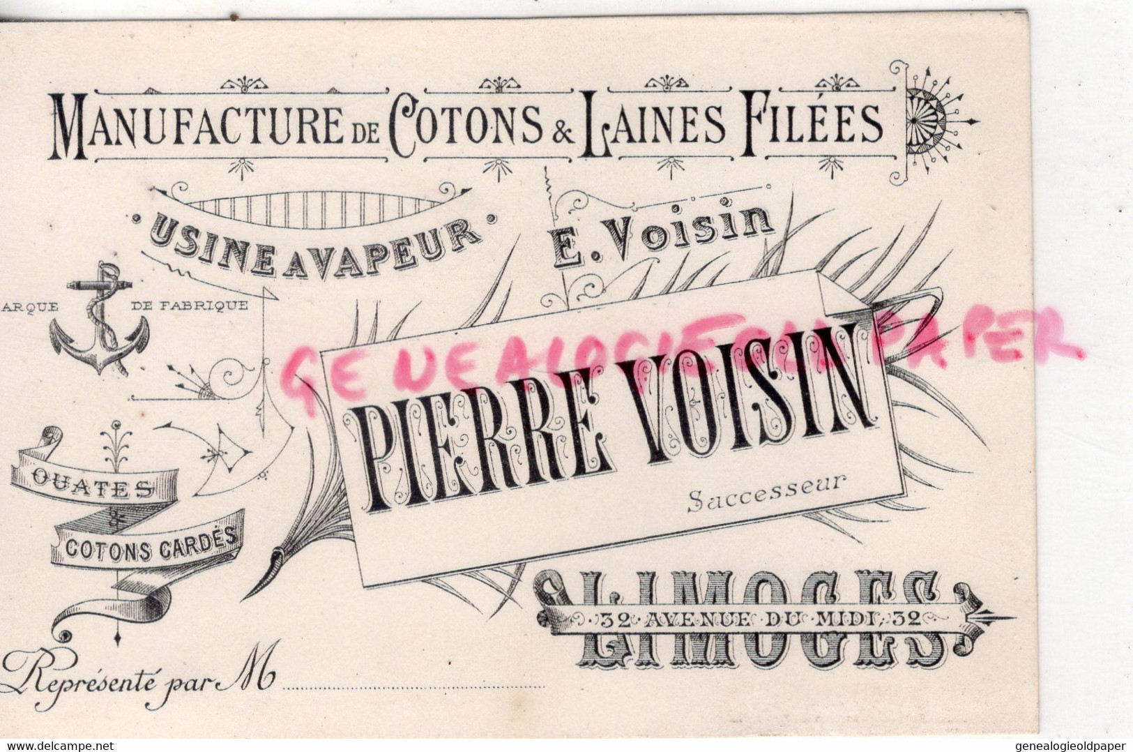 87- LIMOGES- RARE CARTE PIERRE VOISIN -MANUFACTURE COTONS LAINES FILEES- CONFECTION USINE VAPEUR-32 AVENUE DU MIDI - Kleidung & Textil