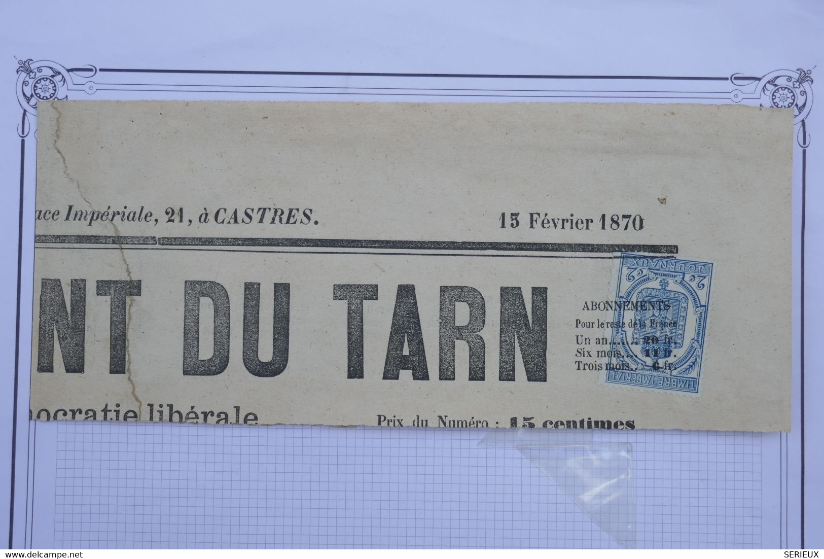 AF9 FRANCE SUR BEAU FRAGMENT JOURNAL   13 02 1870  TIMBRE IMPERIAL L INDEPENDANT DU TARN .+AFFRANCH. PLAISANT - Lehrkurse