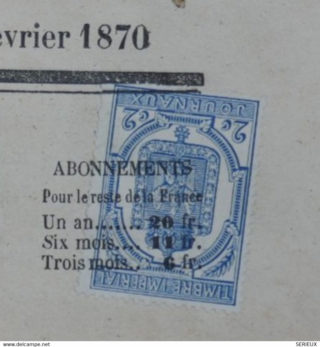 AF9 FRANCE SUR BEAU FRAGMENT JOURNAL   13 02 1870  TIMBRE IMPERIAL L INDEPENDANT DU TARN .+AFFRANCH. PLAISANT - Lehrkurse