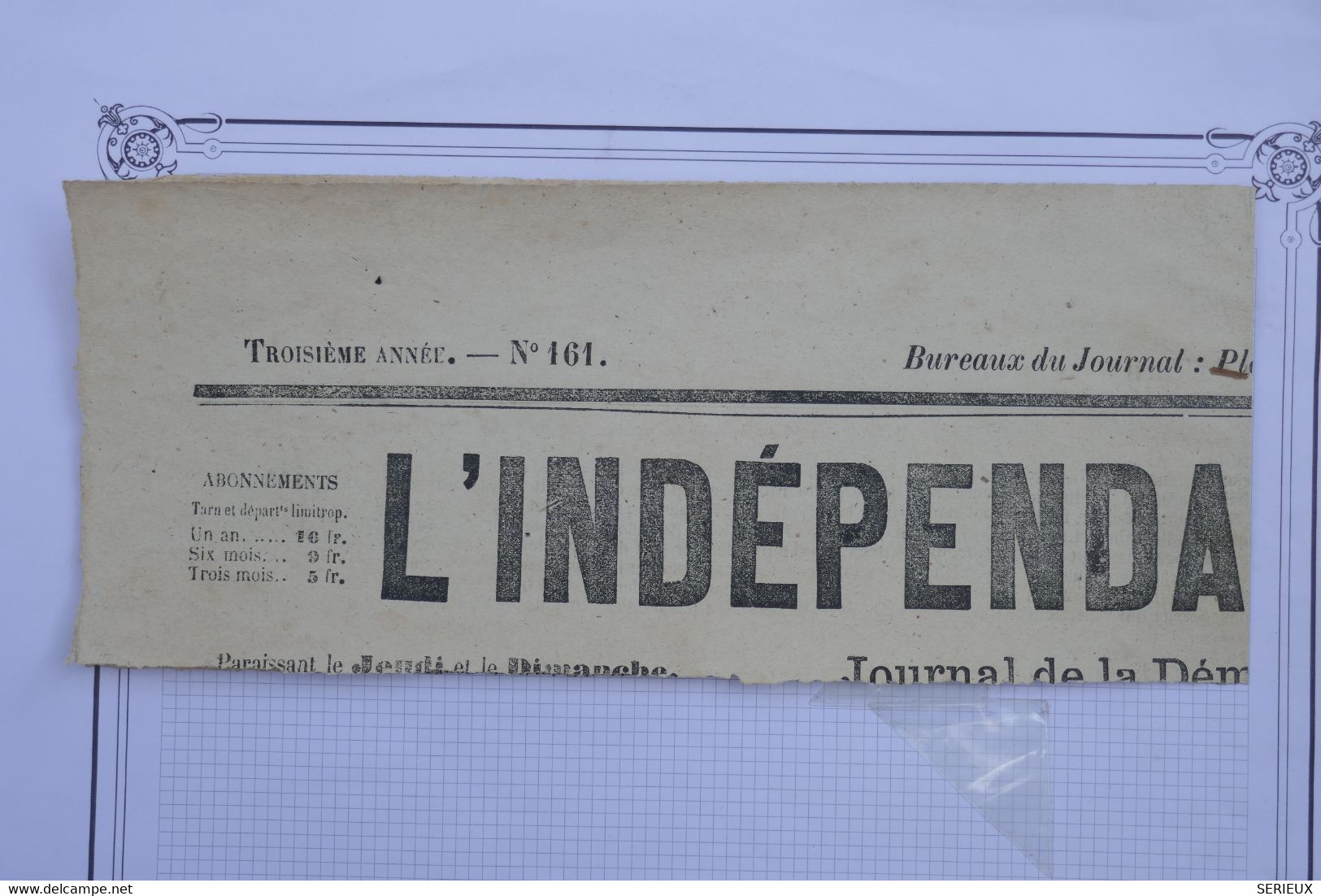 AF9 FRANCE SUR BEAU FRAGMENT JOURNAL   13 02 1870  TIMBRE IMPERIAL L INDEPENDANT DU TARN .+AFFRANCH. PLAISANT - Cours D'Instruction