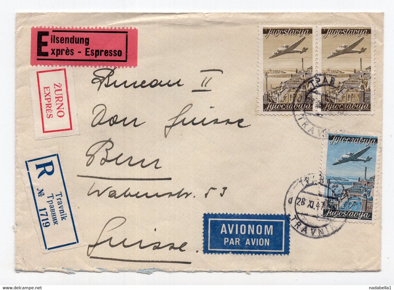 1947. YUGOSLAVIA,BOSNIA,BIH,TRAVNIK TO SWITZERLAND,AIRMAIL,RECORDED,EXPRESS COVER - Airmail