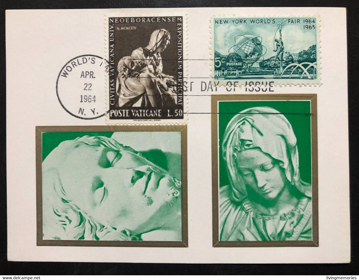 105, UNITED STATES & VATICAN , Stamped Paper Card, « Sculpture », « PIETÀ »,1964 - Fogli Completi