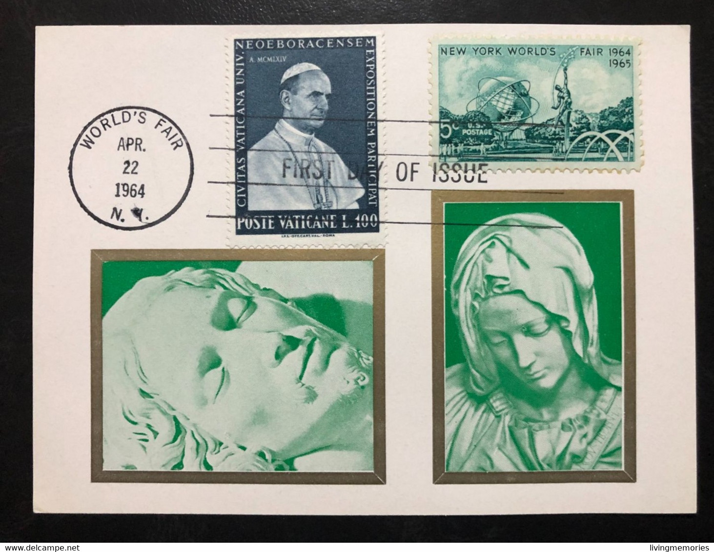 105, UNITED STATES & VATICAN , Stamped Paper Card, « Sculpture », « PIETÀ »,1964 - Feuilles Complètes