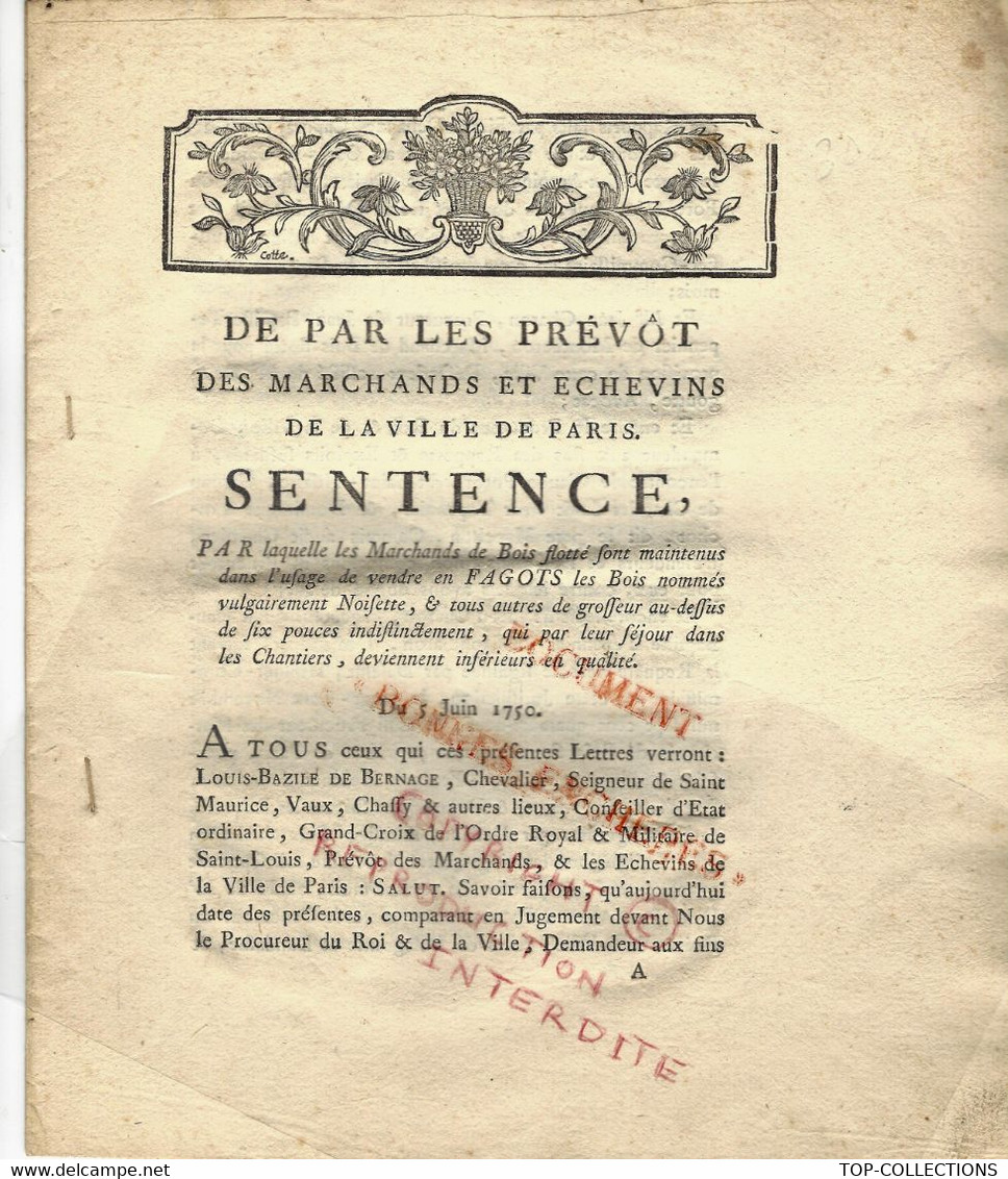 1750 NAVIGATION COMMERCE MARINE BOIS FLOTTES PARIS APPROVISIONNEMENT - Historische Documenten