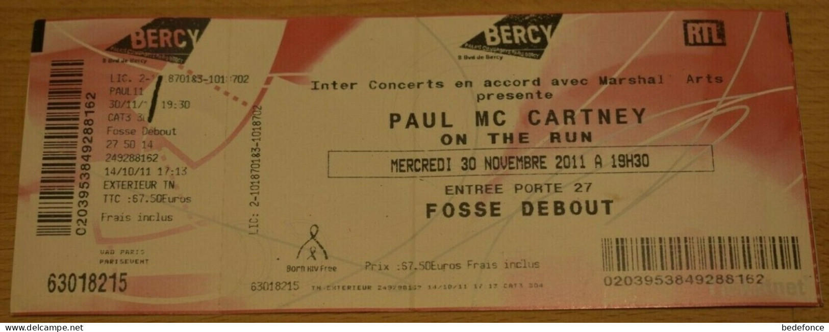 Paul Mc Cartney - Ticket Concert - Palais De Sports Paris-Bercy - 30-11-2011 - Tickets De Concerts