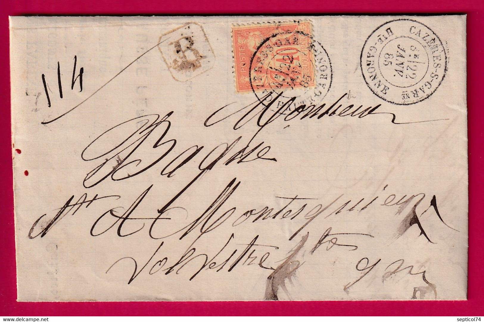 N°94 CAZERE SUR GARONNE HAUTE GARONNE RECOMMANDE MONTESQUIEU 1885 LETTRE COVER FRANCE - 1877-1920: Periodo Semi Moderno