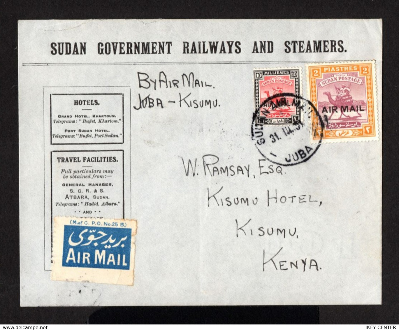 S4755-SUDAN-AIRMAIL COVER JUBA To Kisumu (KENYA).1931.WWII.Enveloppe AERIEN SOUDAN - South Sudan