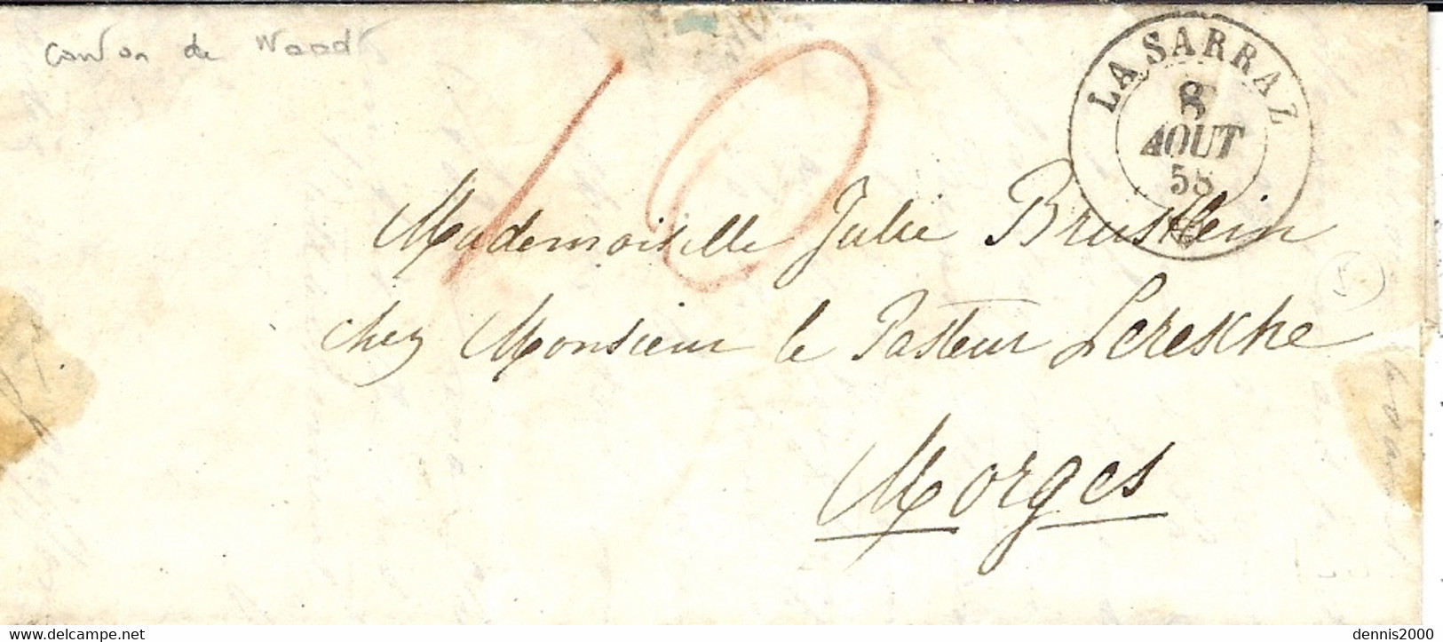 1858- Lettre De LA SARRAZ  Taxe 10 Rouge Pour Morges - Lettres & Documents