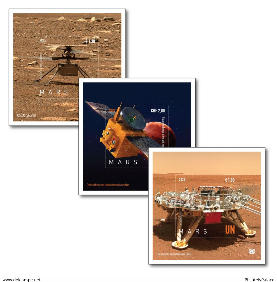 UN 2022 United Nations Planet Mars ,UAE Hope Probe, China Zhurong Rover Landing, Ingenuity Helicopter MNH (**) - Neufs