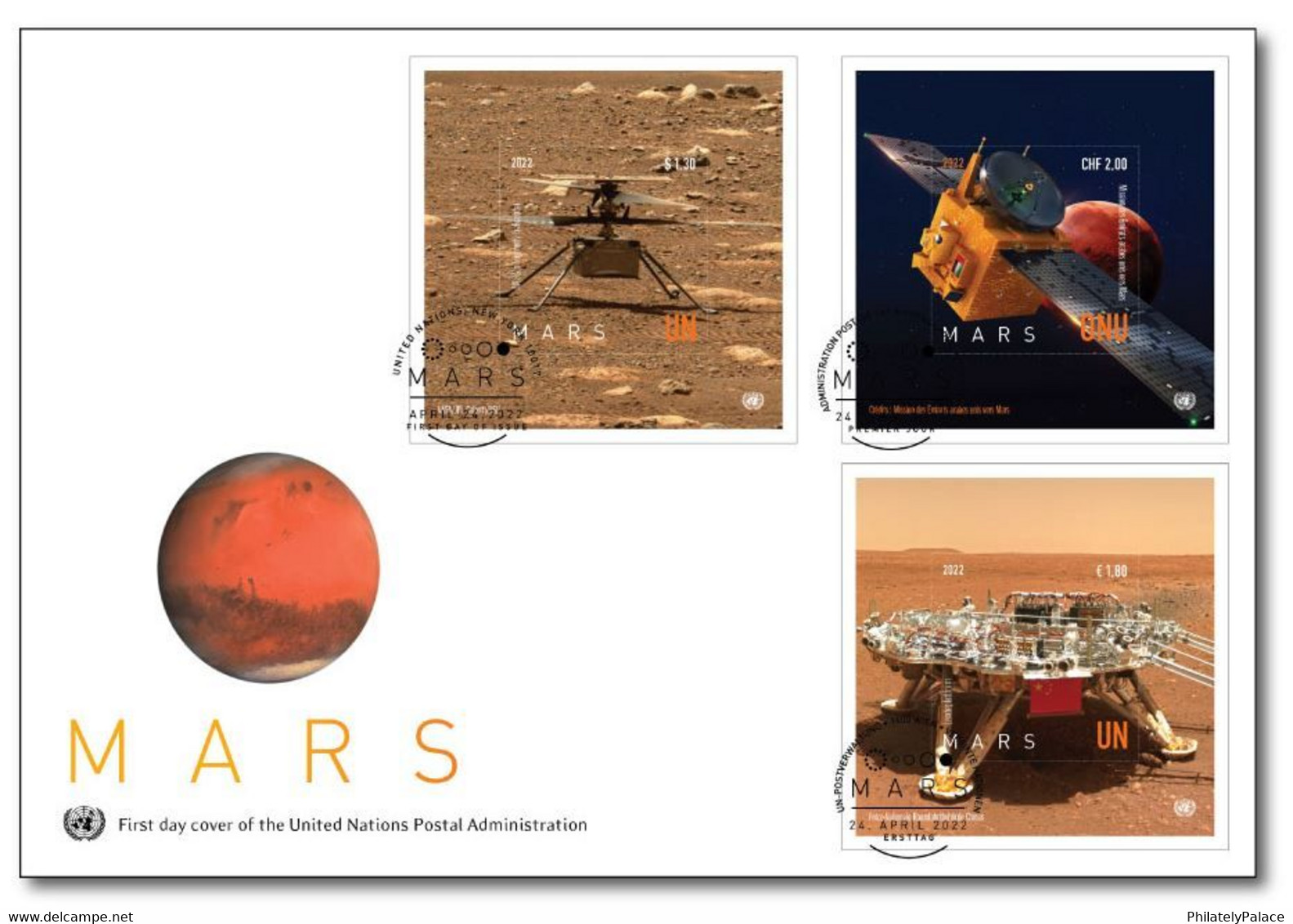 UN 2022 United Nations Planet Mars ,UAE Hope Probe, China Zhurong Rover Landing, Ingenuity Helicopter FDC (**) - Lettres & Documents