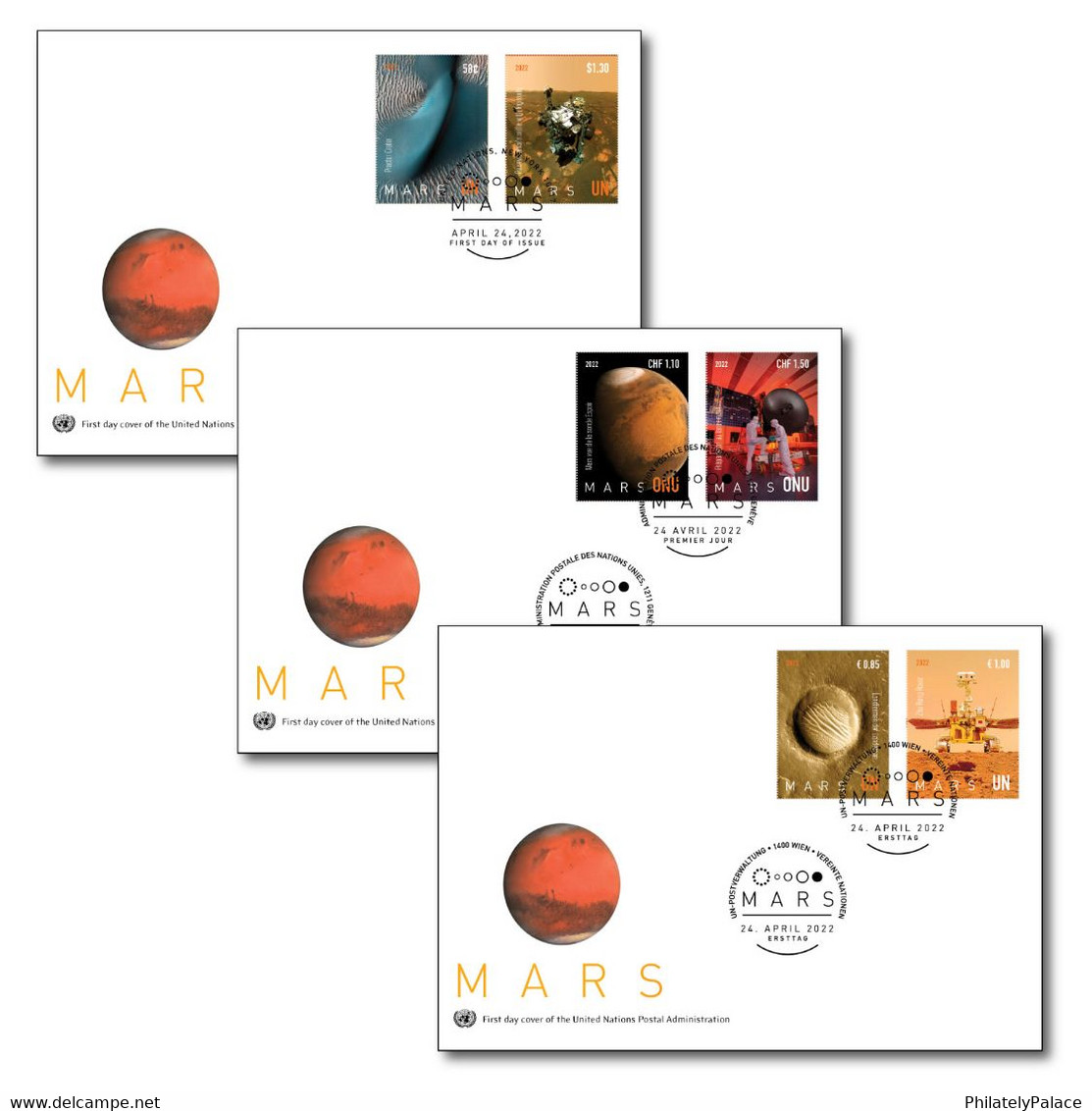 UN 2022 United Nations Planet Mars ,UAE Hope Probe, China Zhurong Rover Landing, Ingenuity Helicopter 3V FDC (**) - Covers & Documents