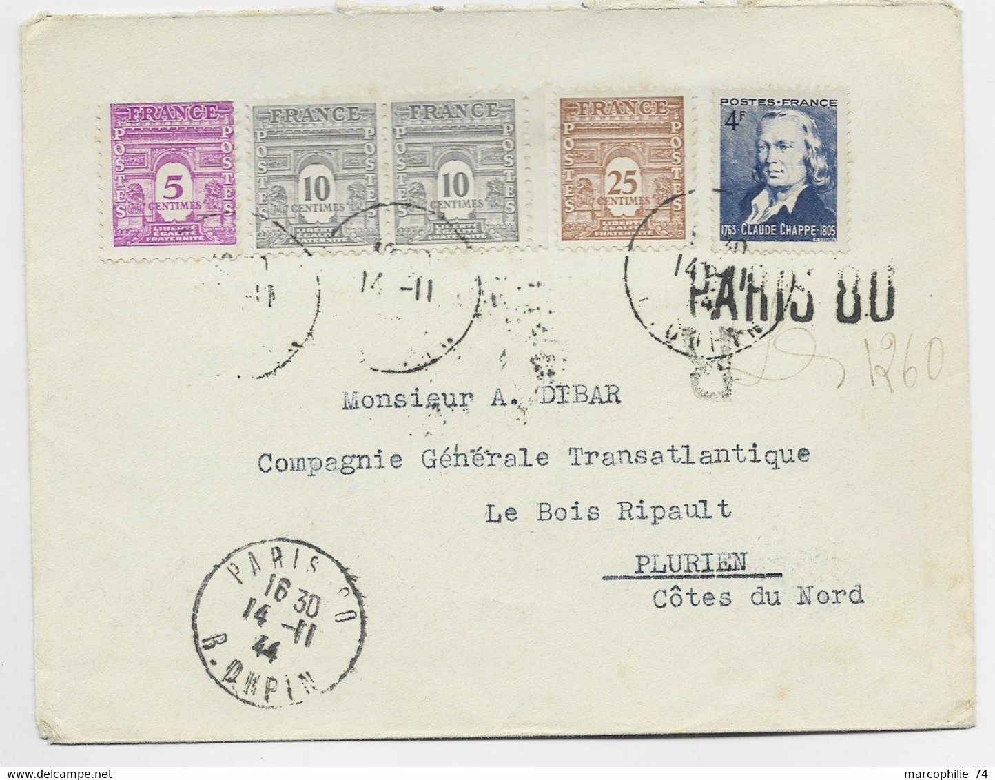 FRANCE ARC TRIOMPHE 5C+10CPAIRE +25C+ 4FR CHAPPE LETTRE REC PROVISOIRE PARIS 80 14.11.1944 AU TARIF - 1944-45 Triomfboog