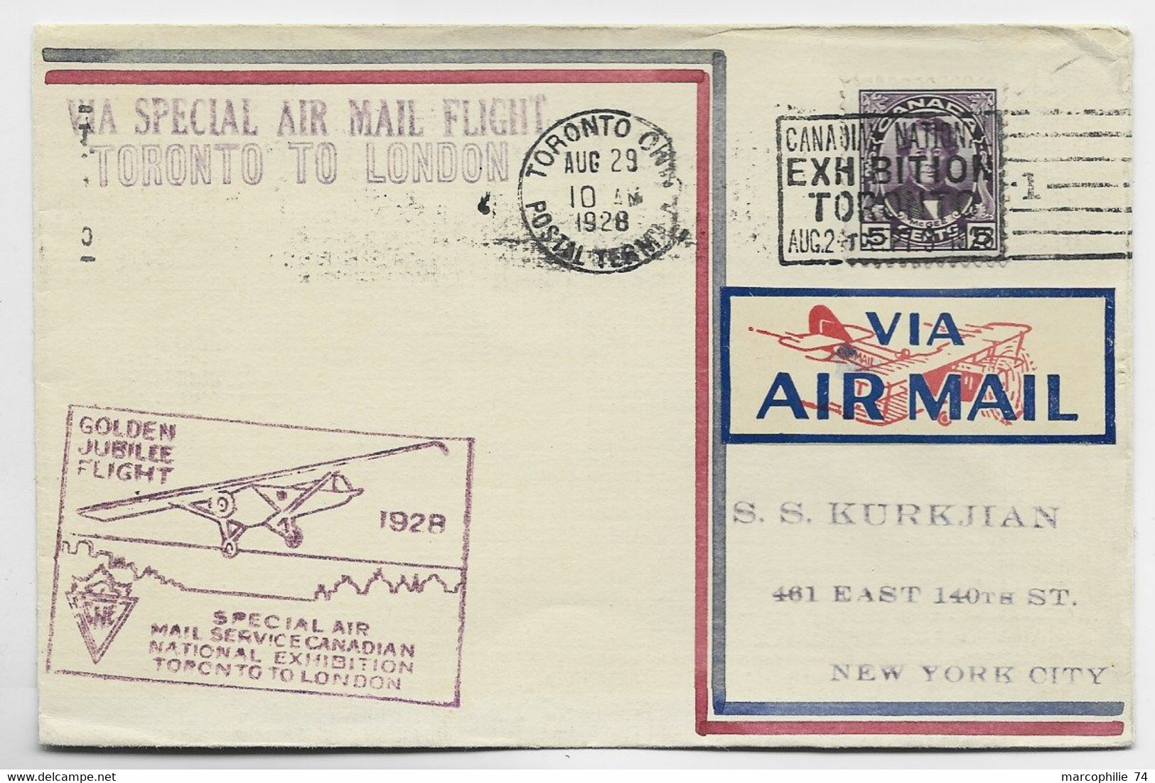 CANADA 5C  SEUL LETTRE COVER AVION AIR MAIL TORONTO 1928 TO NEW YORK USA VIA SPECIAL AIR MAIL FLIGHT - Luchtpost