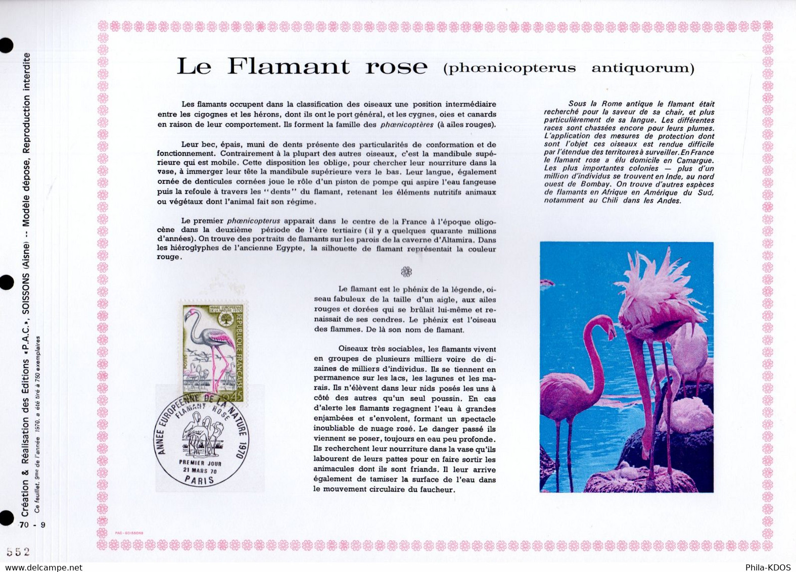 &#9989; RRR 750 Ex. " LE FLAMANT ROSE " Sur Feuillet PAC N°té RARE De 1970 N° YT 1634 Parfait état FDC A SAISIR RRR - Flamants