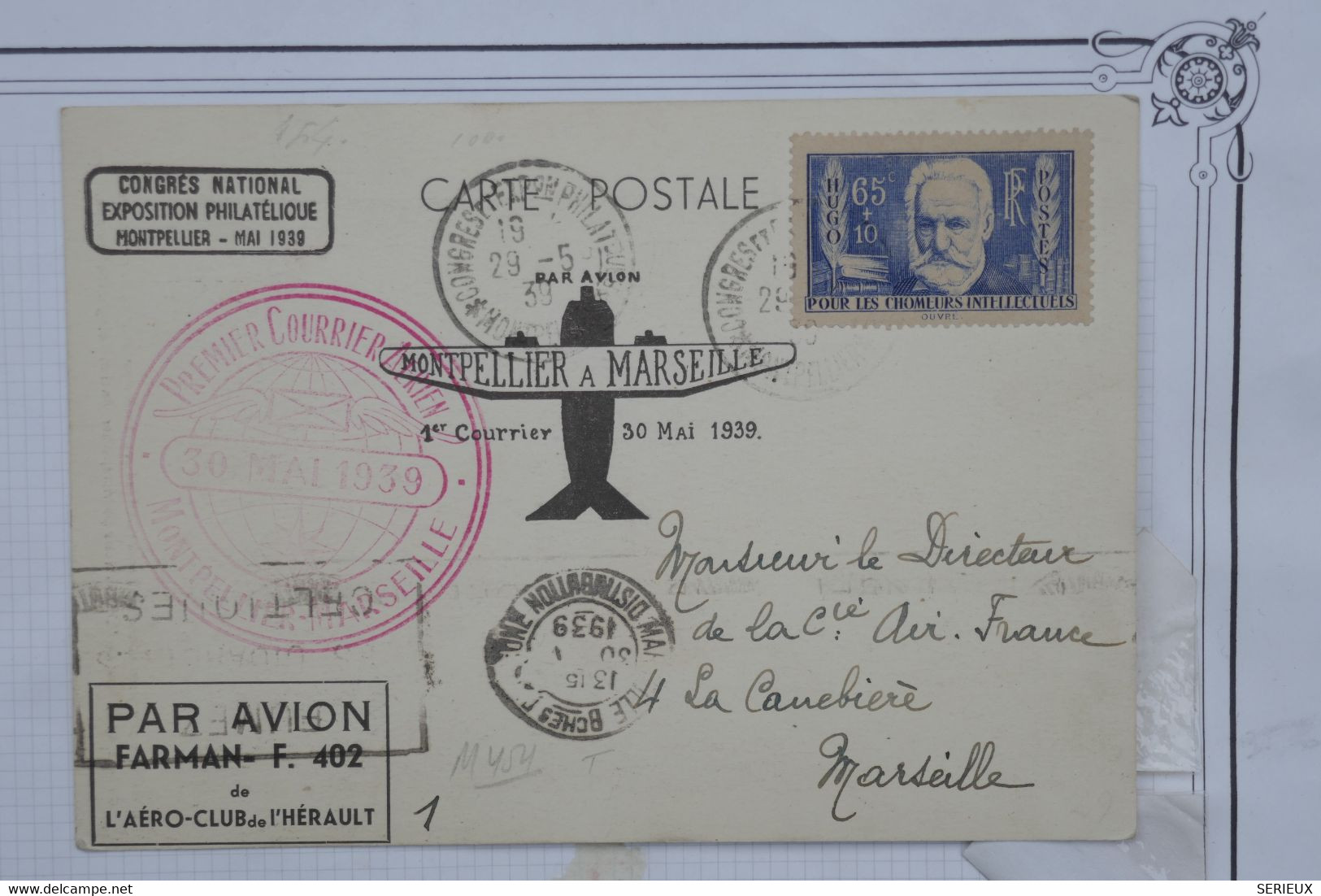 AU9 FRANCE BELLE CARTE 1939 MONTPELLIER MARSEILLE  +FARMAN + AEROPHILATELIE +AFFRANCH. PLAISANT - 1927-1959 Lettres & Documents