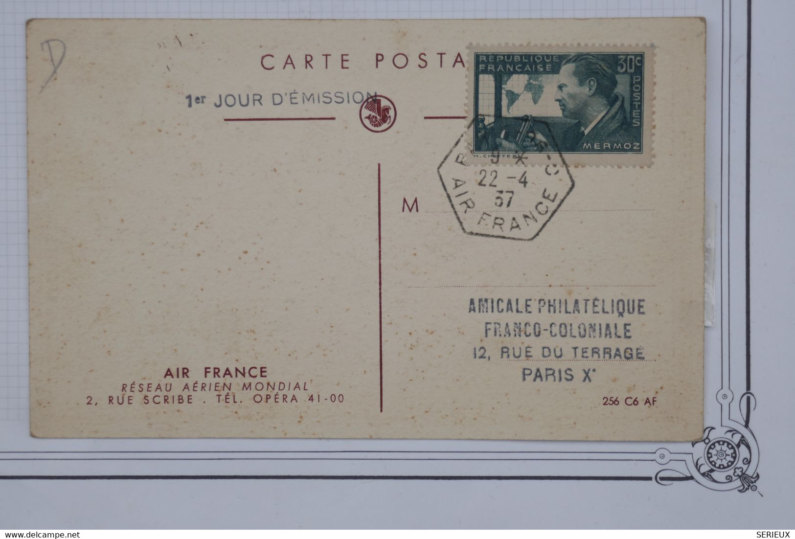 AU9 FRANCE BELLE CARTE FDC 1937 1ER JOUR EMISSION + AIR FRANCE +CACHET HEXAGONAL + AEROPHILATELIE +AFFRANCH. PLAISANT - 1927-1959 Lettres & Documents